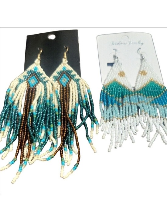 Jewelry - Boho Beaded Fringe Earrings Lot 2 Pairs Turquoise Brown White